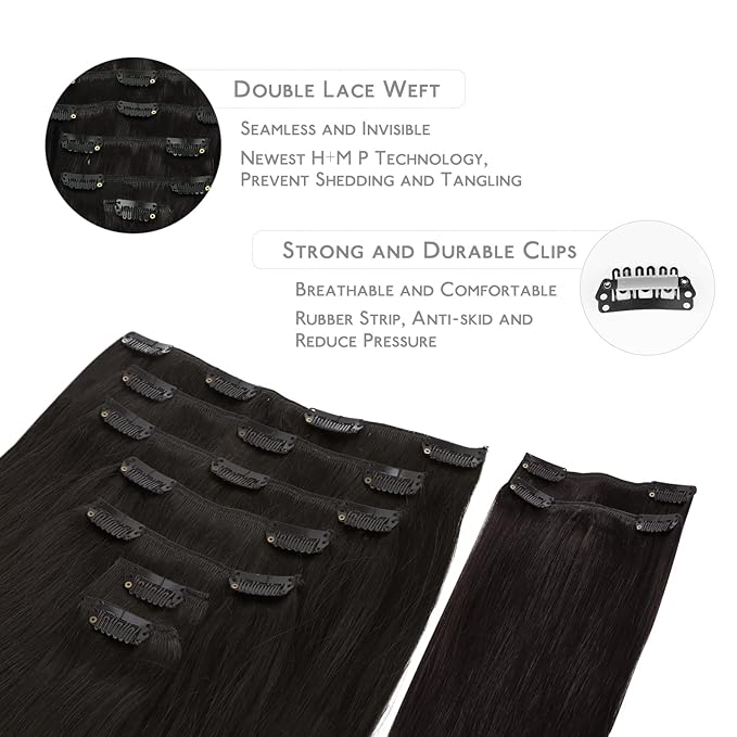WENNALIFE Clip in Hair Extensions, 150g 14 Inch 9pcs Natural Black Human Hair Extensions Thicker Real Human Hair Clip Set Double Weft