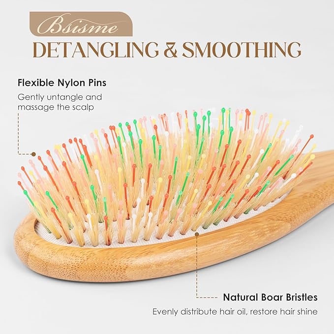 Bsisme Hair Brush with Boar Bristle & Nylon Pins for Women Men Kids, Detangling Hairbrush for Thick Thin Curly Straight Wet or Dry Hair Smoothing Massaging Enhance Shine & Health