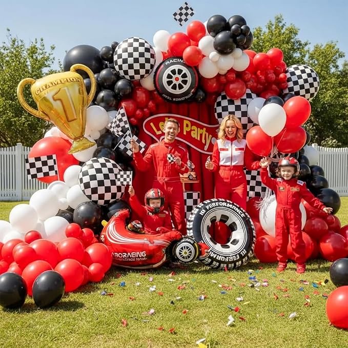 Race Car Balloons Arch Kit -Trophy, Wheels and Red Black White Balloon Garland - Image 4