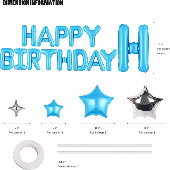 CANREVEL Happy Birthday Banner Decoration + 12Pcs Star Balloons, Light Blue | - Image 2