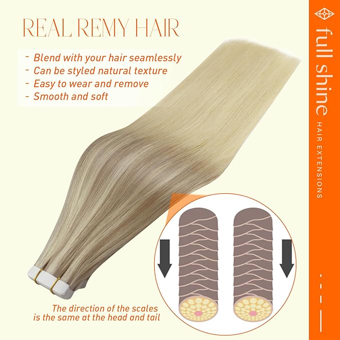 Full Shine 22 Inch Tape in Hair Extensions Human Hair Balayage Real Hair Extensions Tape in Color 18 Ash Blonde Fading to 22 and 60 Platinum Blonde Hair Extensions Adhesive Tape Extensions 20 Pcs 50G