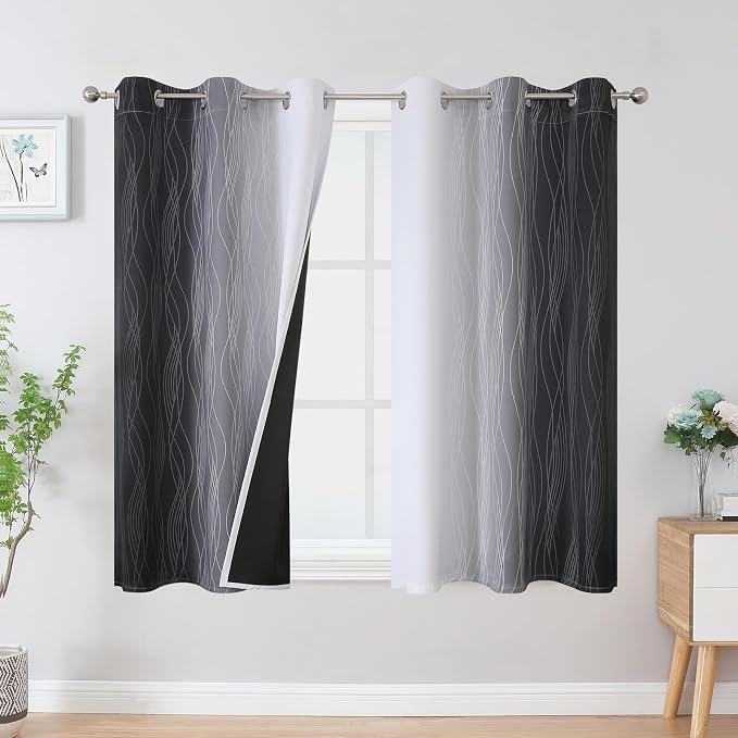 Black and Greyish White Blackout Curtains 54 Inch Length, Light Blocking by ESTELARTEXTILER