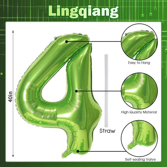 Green 4 Balloons, 40 Inch Large Foil Number Balloons Set 0-9, Self Inflate - Image 2