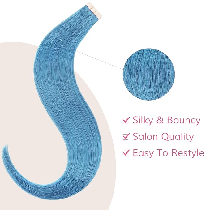 WENNALIFE Tape in Hair Extensions Human Hair SkyBlue Tape in Extensions, 10pcs 25g 14 inch Remy Invisible Tape Ins Straight Colored Soft Real Human Hair Tape in Extensions Refill Set Extensions