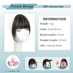 NAYOO Bangs Hair Clip - Dark Brown French Bangs 100% Real Human Hair Extensions French Bangs for Women Fringe with Temples Hairpieces Curved Bangs for Daily Wear