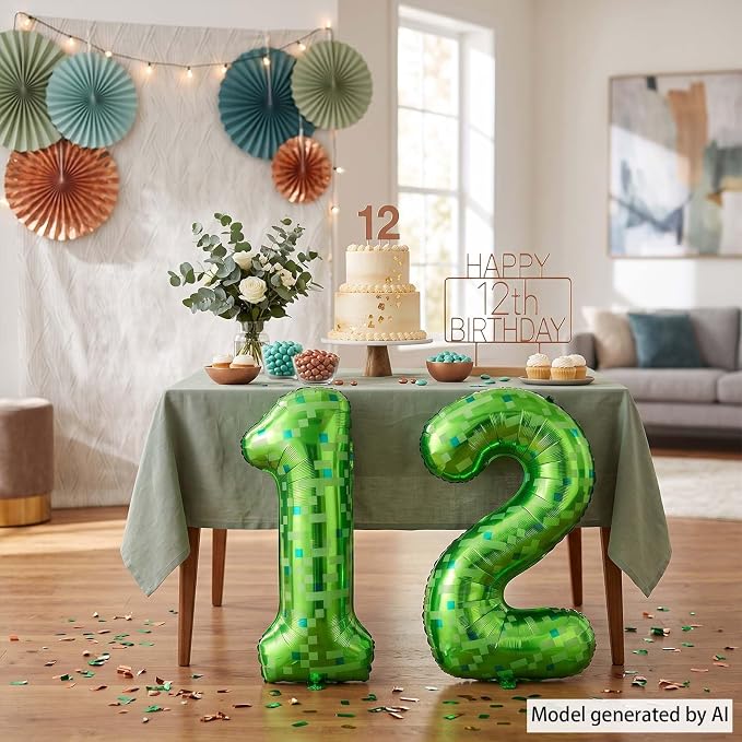 40 Inch Lime Green Pixel Number 12 Balloon, 12th Boy Gamer Party Supplies | - Image 5