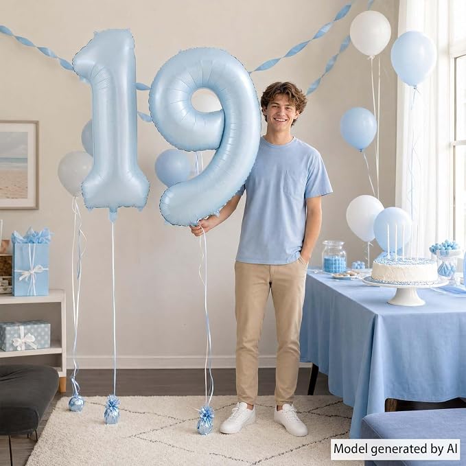 Baby Blue Number 19 Balloon 40 Inch, Sky Pastel Foil Digits Party Supplies | - Image 6
