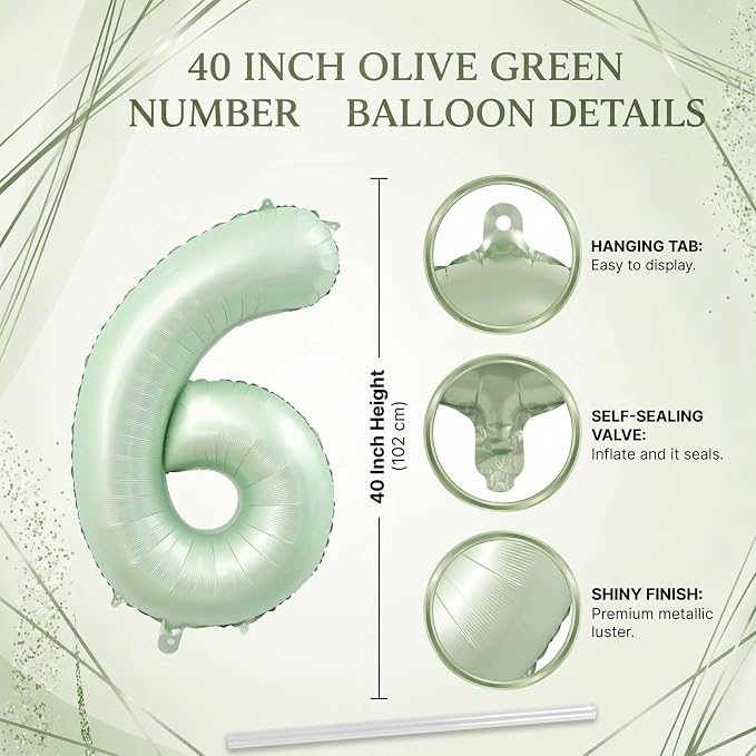 Olive Green Number 6 Balloon 40 Inch, Sage Foil Numeral - Image 4