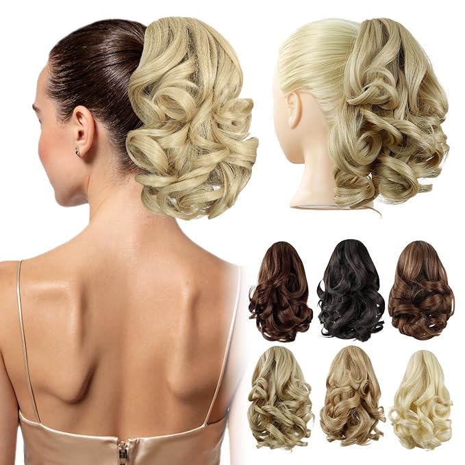 Blonde Ponytail Extensions,9" Short Curly Wavy Claw Clip Pony tails Hair Extensions Natural Soft Synthetic Hairpiece for Women