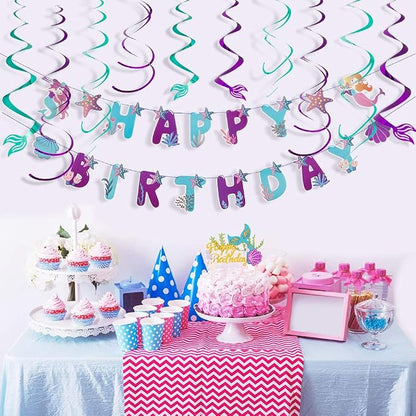 SUNBEAUTY Mermaid Happy Birthday Banner Little Mermaid Theme Birthday - Image 5