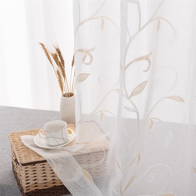 White Sheer Curtains Beige Embroidered Leaves 2 Panels 54Wx54L | Light - Image 2