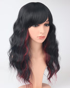 Burdundy-Black Hair Wavy Wigs With Bangs For Women Synthetic Black Hair With Red Undertones Wigs For Daily Use Everyday Wear.