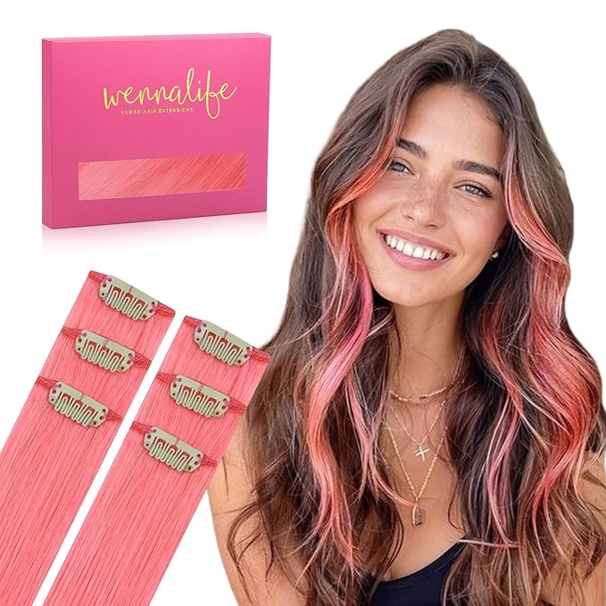WENNALIFE Light Pink Clip in Hair Extensions Real Human Hair 35g 6pcs 14 Inch Colored Hair Extensions for Kids Women Colorful Hair Pieces Pop-up Style Straight Extensiones De Cabello Humano Con Clip