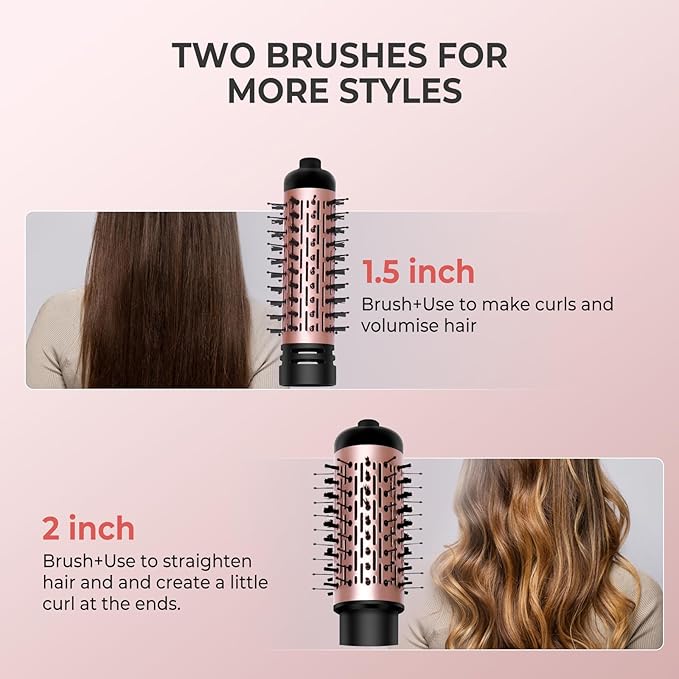 Hair Dryer Brush, 3-in-1 Rotating Round Hot Air Spin Brush Set with 2 Brushes (2" & 1.5"), Negative Ionic Blow Volumizer, 2 Detachable Auto-Rotating Curling Brush, Blow Dryer Brush,Dry as You Style