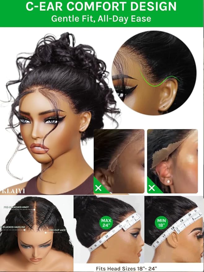 KLAIYI Water Wave Pre Cut 360 Full Lace Frontal Glueless Wig Human Hair Drawstring Pre Plucked Bleached Bye Bye Knots Pre Everything Ready to Wear And Go Curly Beginner Wig with Baby Hair 180% 24Inch