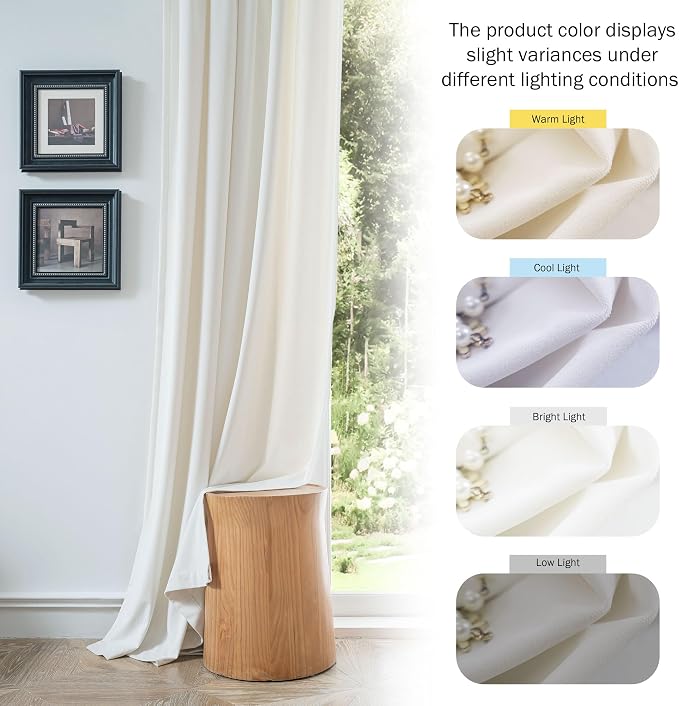 Beauoop Cream Velvet Curtains for Bedroom Living Room 52x72 2 Panels | Soft - Image 5