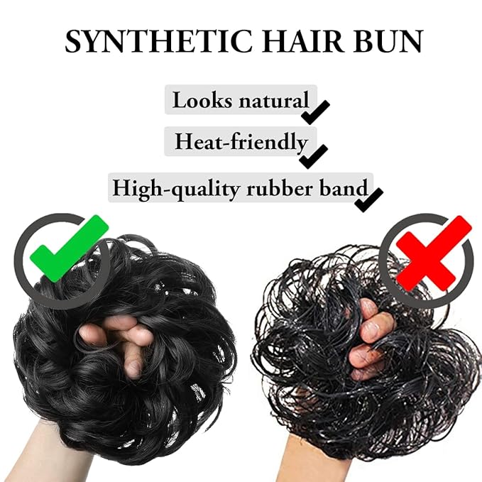 SARLA 2PCS Messy Hair Bun Hair Pieces Wavy Curly Synthetic Updo Fake Scrunchies Pony Tail for Women Dark Grey