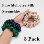 Silk Scrunchies for Hair 100% Mulberry Silk Hair Ties 3 Pack(Navy Blue, Emerald, Apricot)