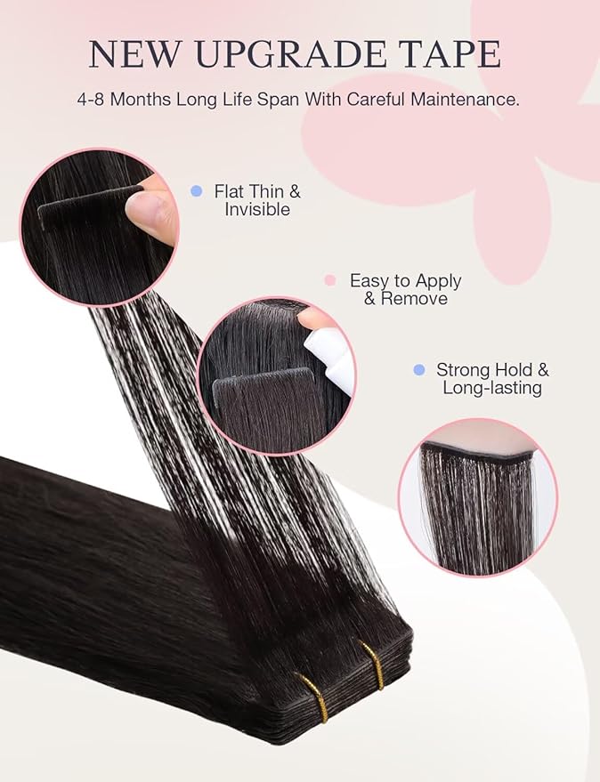 DOORES Invisi Edge Tape in Hair Extensions Real Human Hair, Natural Black 10pcs Injection Tapeins, 25g 16 Inch, Human Injected Tape in Extensions Straight Thick End