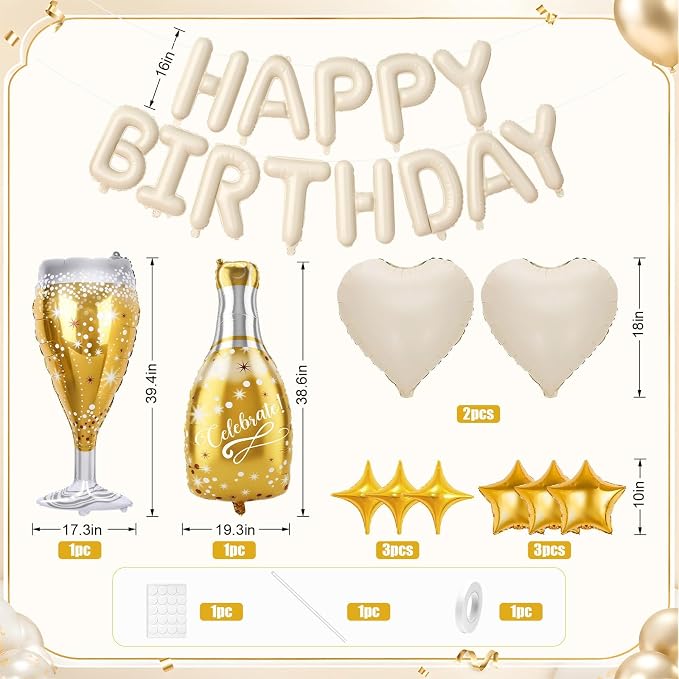 Cream Happy Birthday Balloons Banner, Champagne Bottle Glass Foil Balloon - Image 2