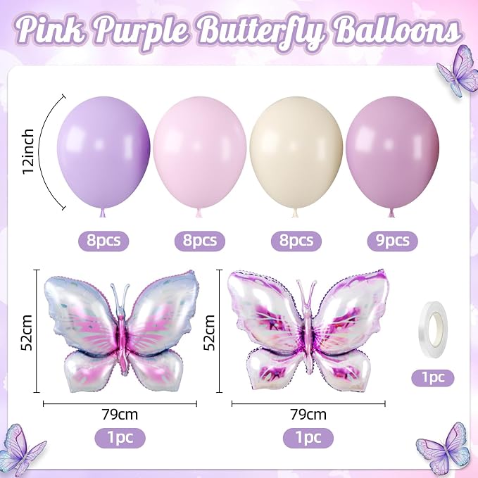 Biapian Pink and Purple Balloons, Giant Butterfly Balloons Foil, 12 Inch Ivory - Image 2