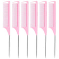 6PCS Hair Rat Tail Comb Metal Carbon Parting Hairdressing Styling Tools for Women and Girls (Pink)