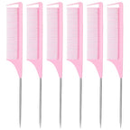 6PCS Hair Rat Tail Comb Metal Carbon Parting Hairdressing Styling Tools for Women and Girls (Pink)