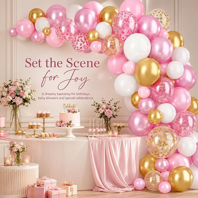 Pink and Gold Balloons, 12 Inch Pink White Metallic Chrome Gold Confetti Pink - Image 5