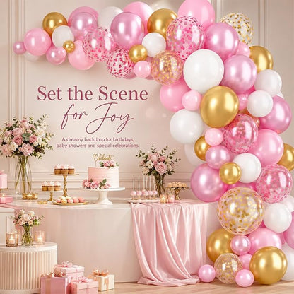 Pink and Gold Balloons, 12 Inch Pink White Metallic Chrome Gold Confetti Pink - Image 5
