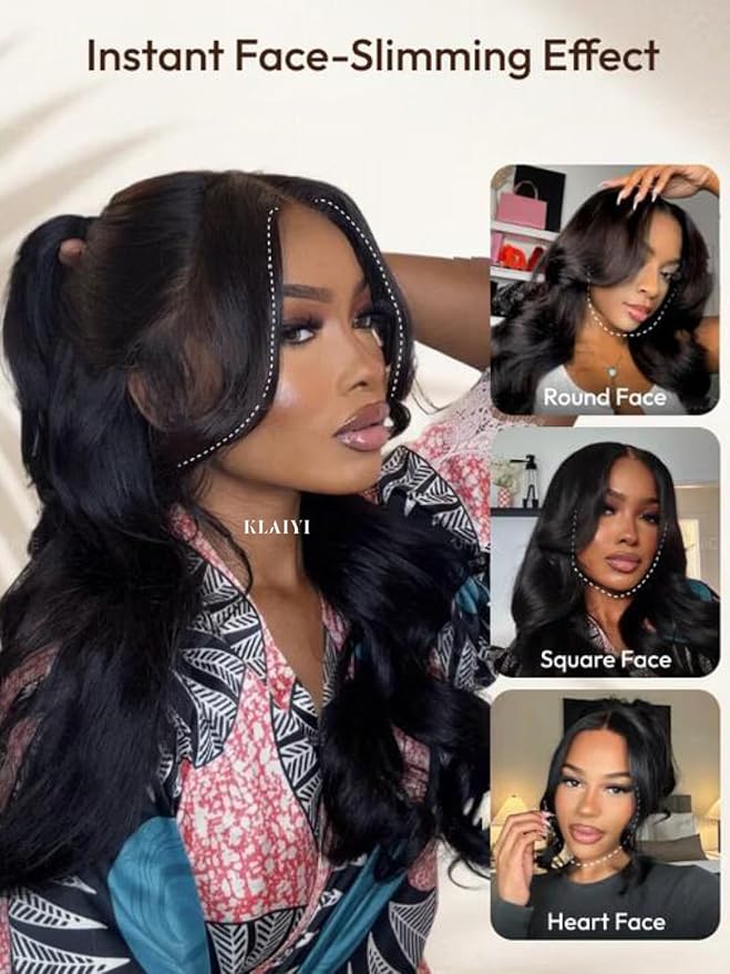 KLAIYI Loose Body Wave Pre Everything Glueless 13x4Lace Front Wig Human Hair Drawstring Precut Lace Pre Plucked Bleached Bye Bye Knots 3S Ready to Wear and Go Wig with Face Framing Curtain Bang 16Inch