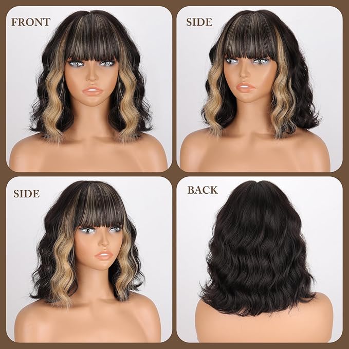 MISSQUEEN Black Blonde Wig with Bangs Short Highlights Curly Wig Heat Resistant Synthetic Fibre Wigs for Women Girls Daily Party Holiday Festival Chrismas Used