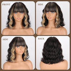 MISSQUEEN Black Blonde Wig with Bangs Short Highlights Curly Wig Heat Resistant Synthetic Fibre Wigs for Women Girls Daily Party Holiday Festival Chrismas Used