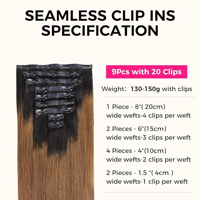 Lashey Seamless Clip in Hair Extensions Human Hair 150g 9pcs 20 Inch Ombre Natural Black to Medium Auburn Straight Clip in Hair Extensions for Women Real Hair
