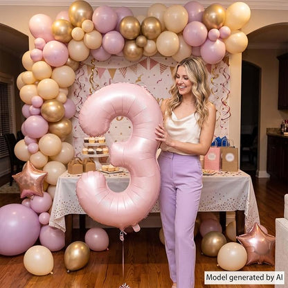 Baby Pink Number 3 Balloon 40 Inch, Muted Pastel Foil Digit Party Supplies | - Image 6