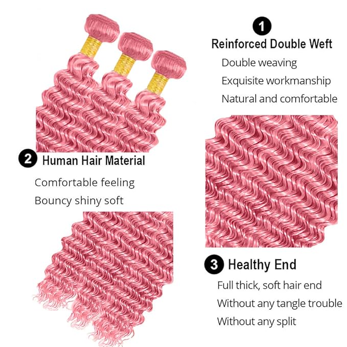 Pink Deep Wave Bundles Light Pink Human Hair Bundle Niegmeag Brazilian Virgin Soft and Skily Remy Hair 3 Bundles 26 28 30 Inch Pure Pink Color