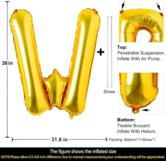 Lovoir 40 Inch Large Gold Letter W Balloons Big Size Jumbo Mylar Foil Helium - Image 2