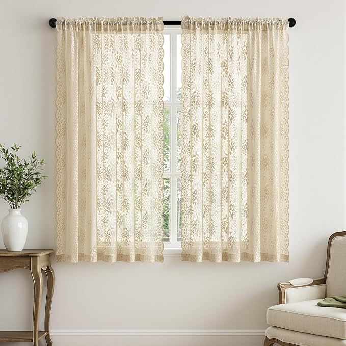 MIULEE Vintage Floral Scalloped Lace Curtains 2 Panels, Cream 52" W x 63" L | - Image 7