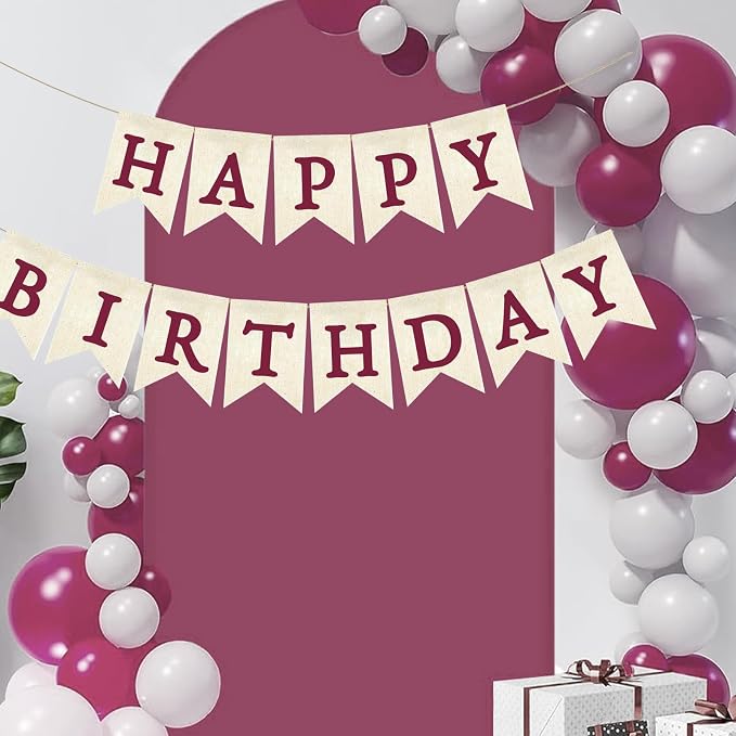 Burgundy Happy Birthday Banner Pre-strung Burlap Bunting Party Backdrop Sign - Image 3