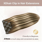 XDhair Clip in Hair Extensions 100g 6pcs 14 Inch Chocolate Brown to Caramel Blonde Real Human Hair Clip in Extensions Silky Straight for Women(14inch, #4/27/4)