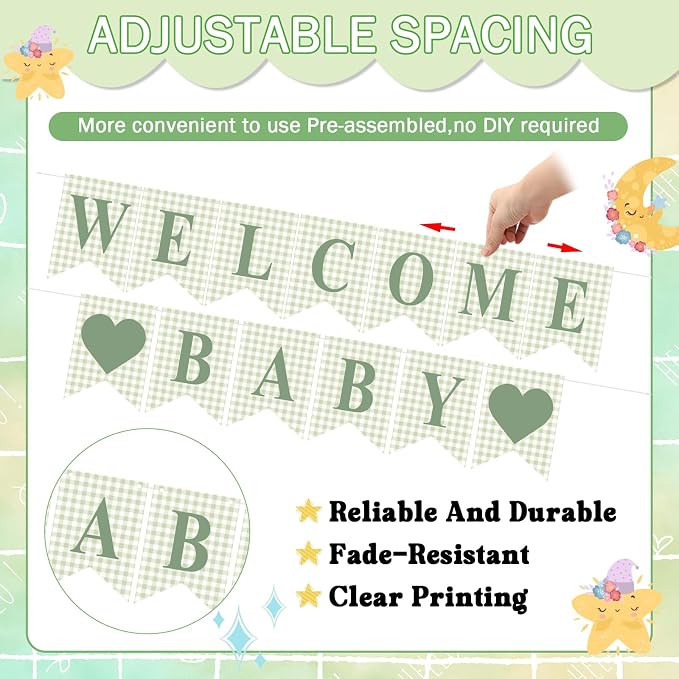Hahafelt 1 Pcs Sage Green Gingham Welcome Baby Banner - Image 3