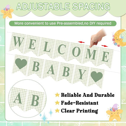 Hahafelt 1 Pcs Sage Green Gingham Welcome Baby Banner - Image 3