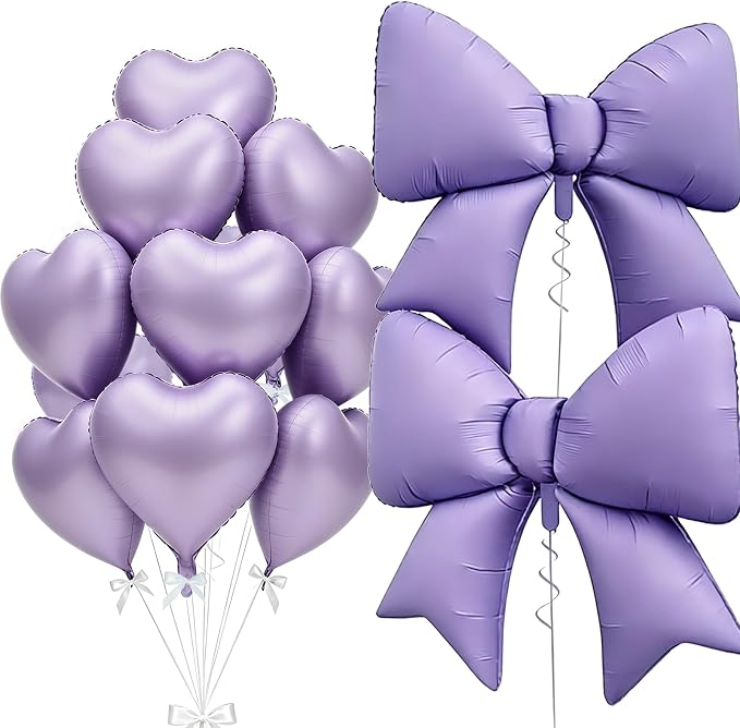 Vuzvuv 17 pcs Purple Heart Balloons Purple Bow Balloons Set, Anniversary by Vuzvuv