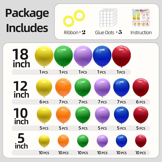Colorful Balloons Different Sizes 135pcs 18 12 10 5 Inch Rainbow Balloons Arch - Image 2