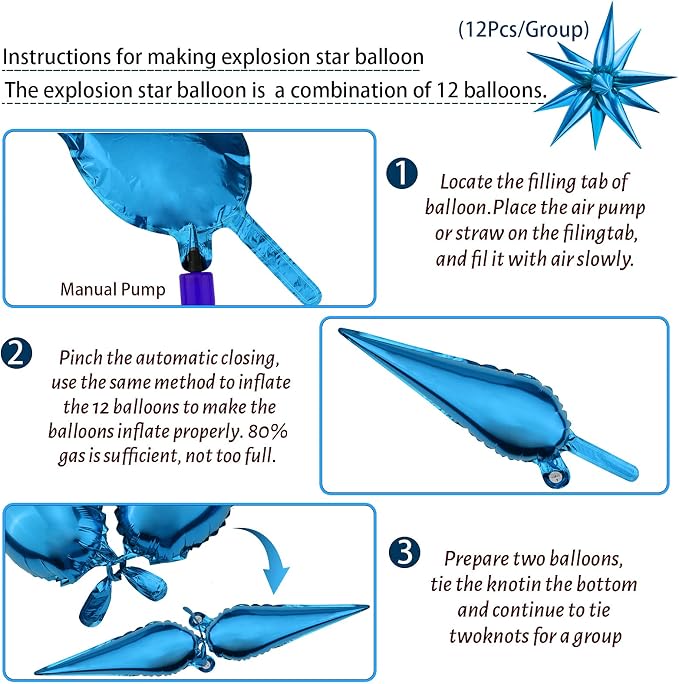 60 PCS Blue Star Balloons, 12 Point Cone Explosion Star Foil Balloons - Image 3