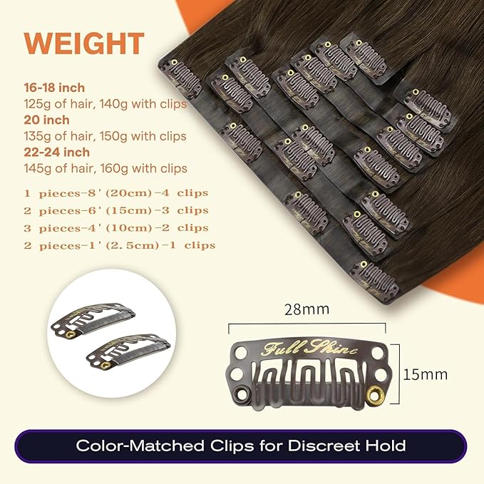 Full Shine Clip in Hair Extensions 22 inch 160g 8Pcs Seamless Human Hair Clip in Extensions Brown Remy Hair Clip ins for Women Softness