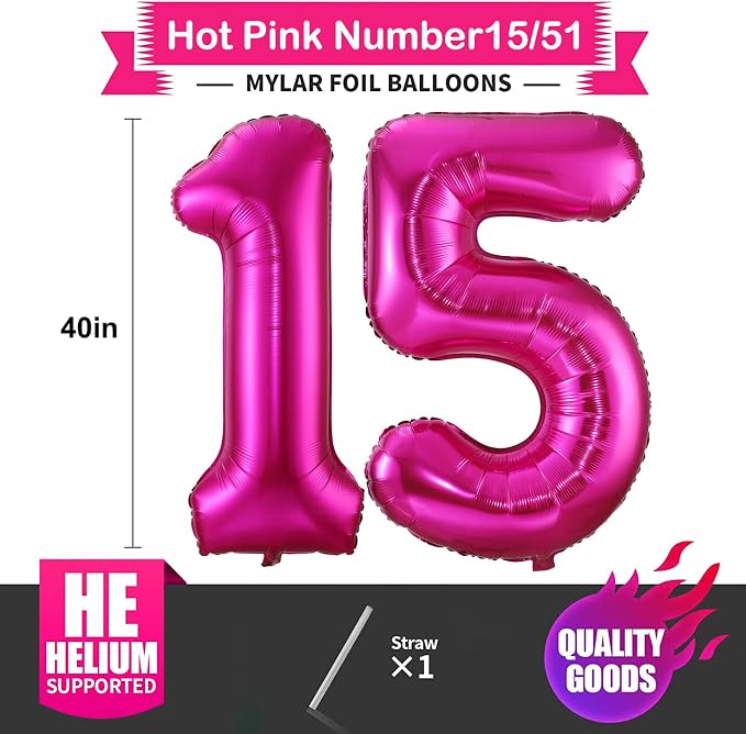 Hot Pink 15 Balloon Numbers, 40 Inch, 15th or 51st Birthday, Aluminum Mylar Foil - Image 2