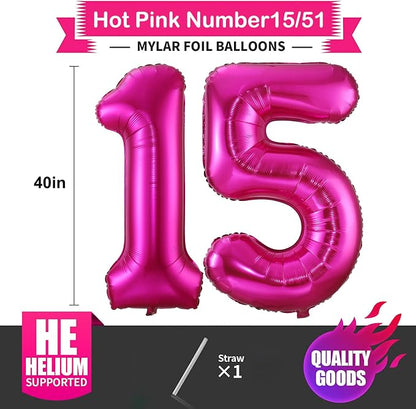 Hot Pink 15 Balloon Numbers, 40 Inch, 15th or 51st Birthday, Aluminum Mylar Foil - Image 2