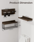 Puricon Floating Bathroom Shelves with Hair Dryer Holder, 3-Tier Rustic Wood Wall Mounted Organizers Set, Space Saving Over-Toilet Storage and Home Decor Hanging Rack -Dark Brown