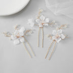 SWEETV 3Pcs Bridal Hair Pins White Flower Bride Hair Pieces Wedding Hair Side Combs Floral Headpieces Accessories Fall Beach Clip for Brides Bridesmaids Women Girls