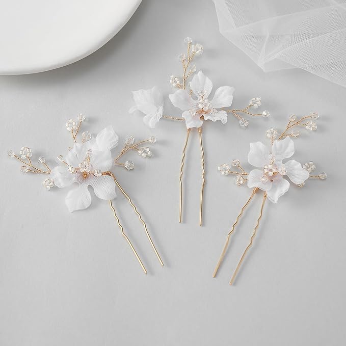 SWEETV 3Pcs Bridal Hair Pins White Flower Bride Hair Pieces Wedding Hair Side Combs Floral Headpieces Accessories Fall Beach Clip for Brides Bridesmaids Women Girls